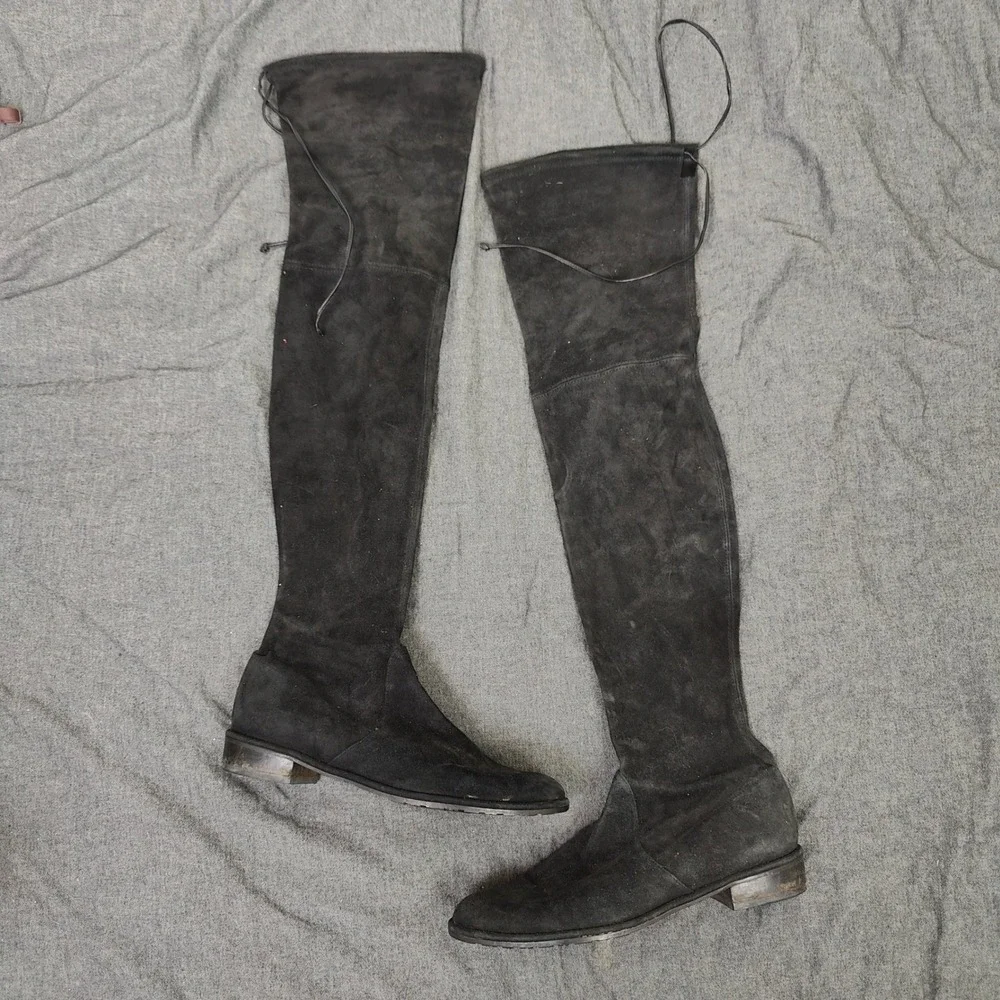Stuart Weitzman Lowland Womens Boots 8 Black Suede Over The Knee Flat Minimalist